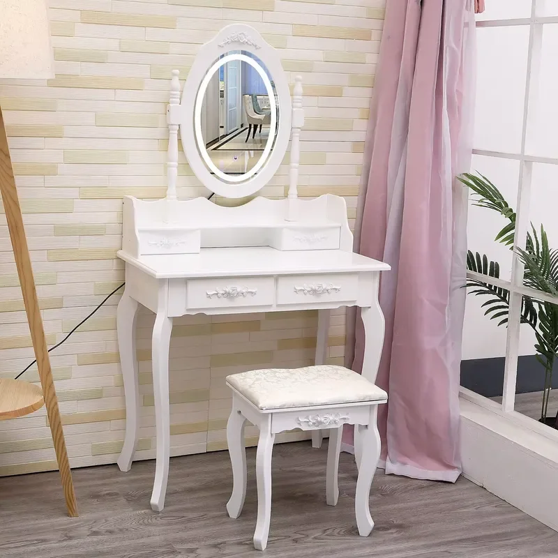 Modern Minimalist Solid Wood Single-Mirror Vanity Table, European-Style Vanity with Light and Five Drawers, Bedroom Vanity