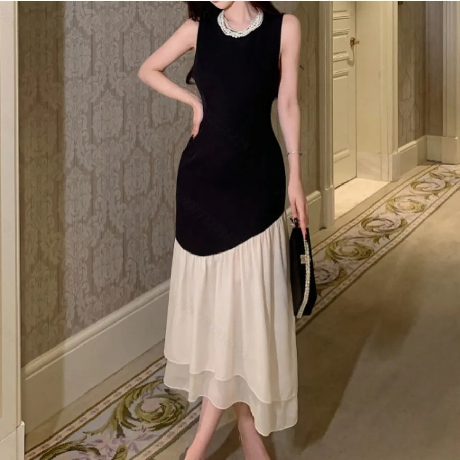 

【New Arrival】Women Crew Neck Sleeveless Color Block Patchwork Midi Dress Irregular Layered Ruffle Hem Slim Elegant Wedding Guest Dress