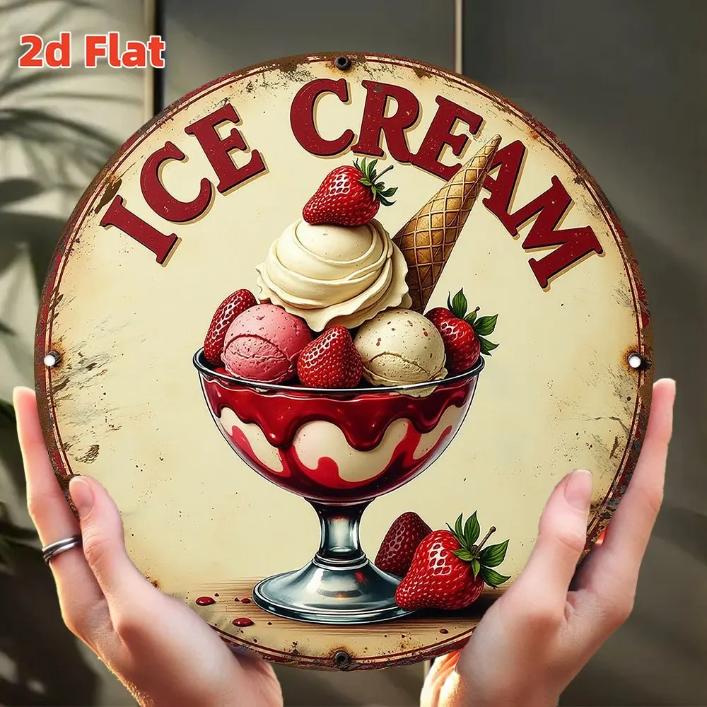 2D Flat - Classic 1950S Style Ice Cream Metal Wall Plaque - 19.79X19.79 Cm Circular Diner Decoration Featuring Striking Red Text