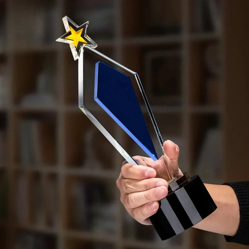 Customized Pentagram Transparent Blue Crystal Trophy, Excellent Company Annual Meeting, Awards Souvenirs, Crystal/Wood Base, 1Pc