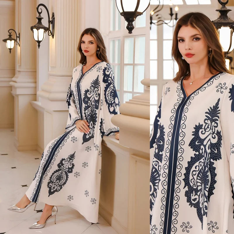 Abaya-Robe de soirée à col en V pour femmes, caftan marocain, robes imprimées élégantes, vêtements de prière pour femmes, arabe, Dubaï