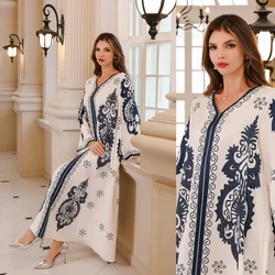 Evening Party Abaya Arab Dubai V-Neck Loose Moroccan Kaftan Dubai Elegant Hot Drilling Print Dress Women's Prayer Garment