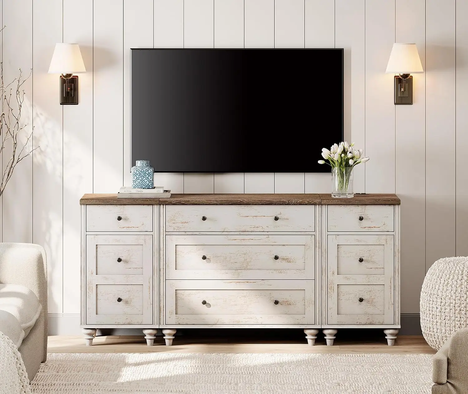 Modern TV Stand Dresser 5 Drawers 2 Doors Charging Station Living Room Bedroom 75 80 Inch Console Rustic White, Customized
