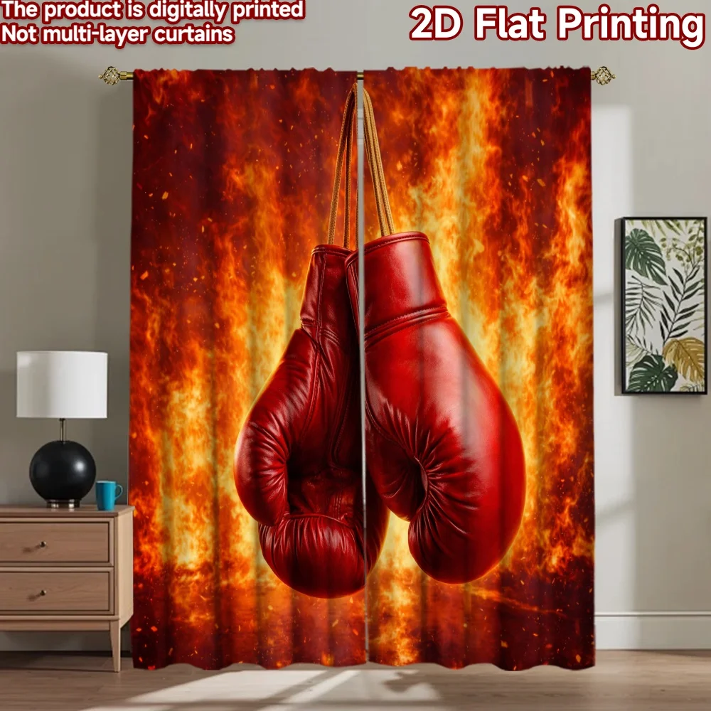 2D flat printing 2pcs Curtain Curtain Fiery Red Boxing Gloves Digital Printed Polyester Drapes Festive Wall Decor for Holiday