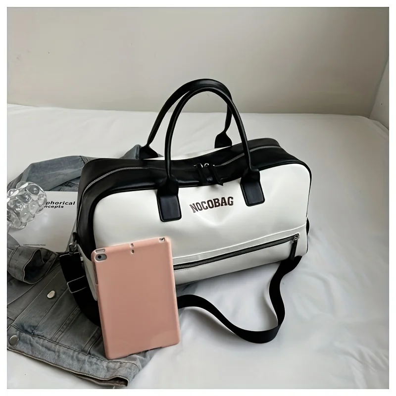 1pcs PU Travel Bag Reinforced Sturdy Top Handle Spacious Color-block Shell Smooth Main Zipper Store Garments Skincare Products