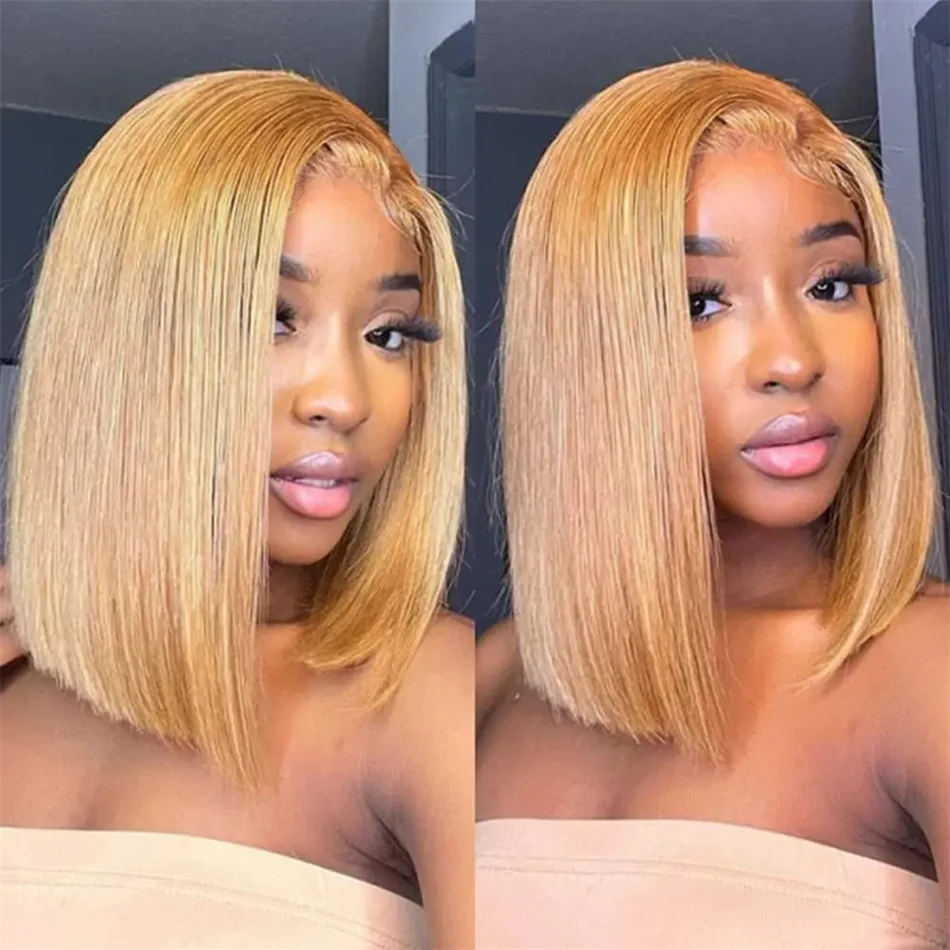 Super Double Drawn Bone Straight Bob Wig para mulheres negras, 100% cabelo humano, Ombre, Honey Blonde, 200% Densidade, Lace Front Wig, 13x4