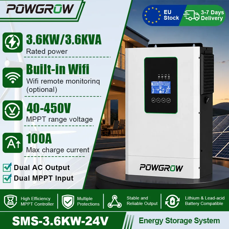 POWGROW 5KW Solar Hybride Omvormer Dubbele MPPT 24V 220V 160A Lader Max 500V PV Ingang BMS Bescherming Dubbele Uitgang