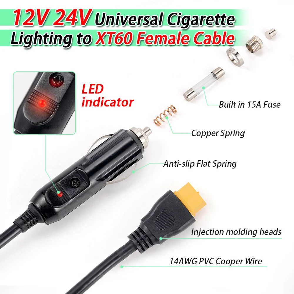 XT60 Cigarette Lighter Cable Professional Energy Storage Battery Charging Cable Car Charging Cable for Automobile Supplies