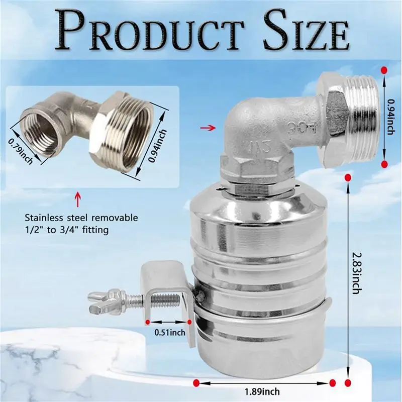 DT17 2pcs 1/2 Inch to 3/4 Inch 304 Stainless Steel Automatic Water Level Control Float Valve for Water Tank