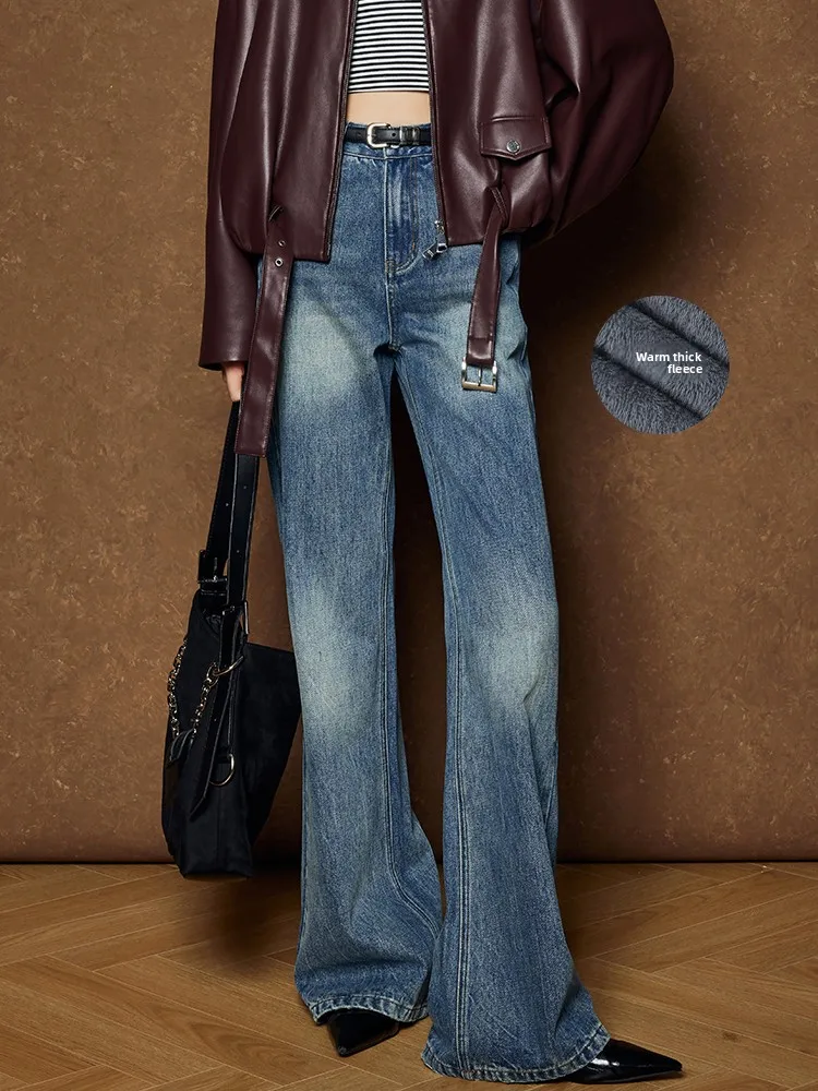 

Джинсы MeiYang Fce на подкладке, прямые широкие брюки с высокой талией, застежка-молния, синие повседневные брюки с водной талией, спрей с водной талией W...