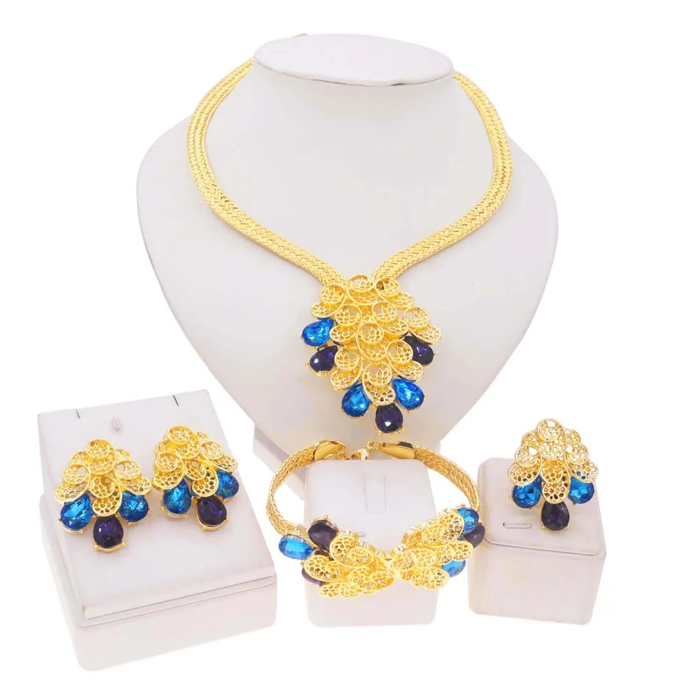 Yulaili Hot Selling Gold Two Color Diamond Latest Silver Bridal Necklace Earrings Ring Exquisite Wedding Costume Accessories