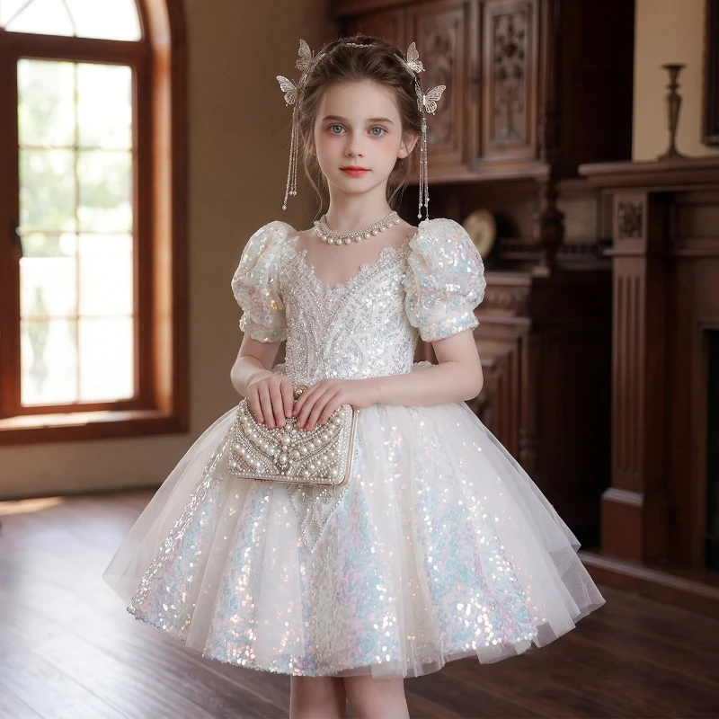 Children Girls Formal Birthday White Princess GownPageant Flower Girl Wedding Clothes Kids Host Piano Flower Girl Performance