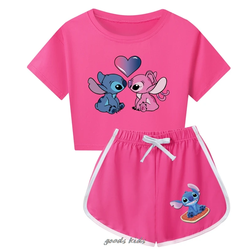 Lilo And Stitch T-shirt Shorts Leisure Sports Suit Girls Clothing Set Baby Boys Homewear Suit Big Kids Summer Tshirt Best Gift