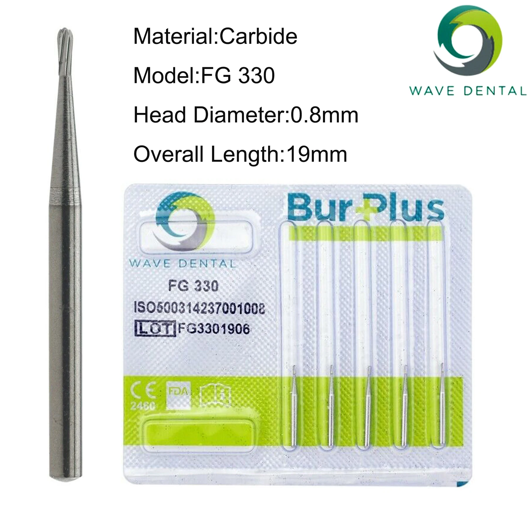 PRIMA WAVE Dental Tungsten Carbide Burs Midwest Pear Head Type FG330/331 for High Speed Handpiece Dia.1.6mm 5Pcs/Pack