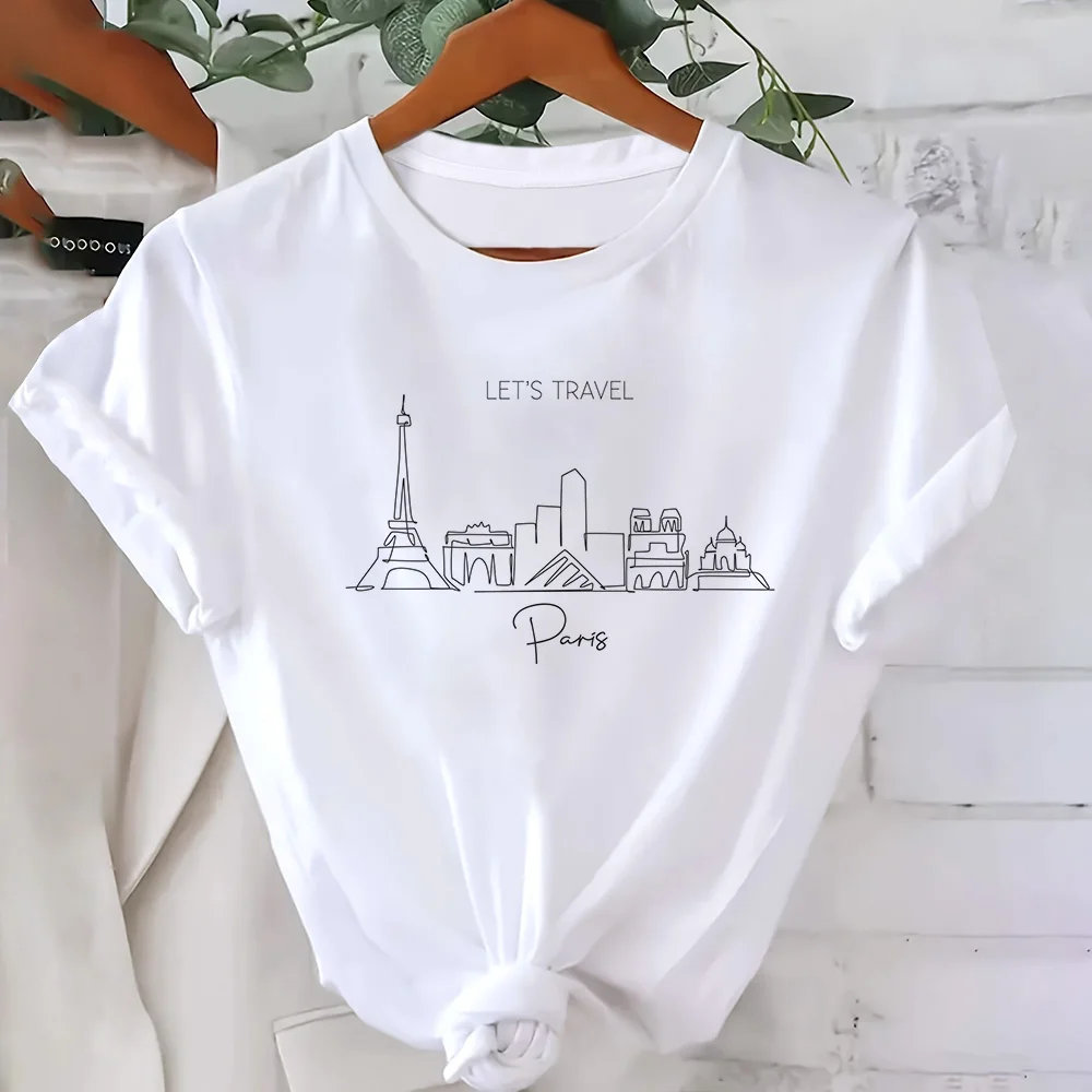 Simple And Elegant Paris Tower Printed Top O-neck Short Sleeved T-shirt High-quality And Comfortable Daily Women's Clothing