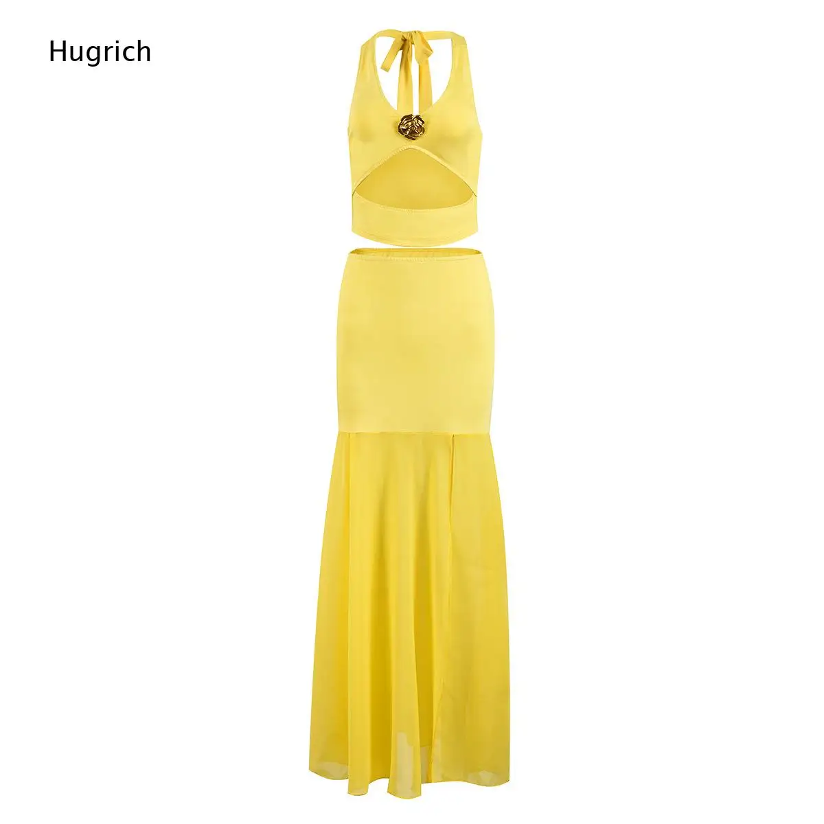 Elegant Beach Two Piece Dress Set Halter Back Tie Cutout Crop Top High Waist Sheer Chiffon Mermaid Floor Length Skirt