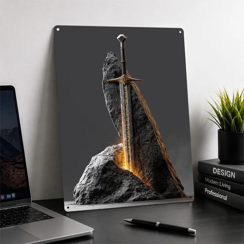 Fantasy Sword in Stone Personalized 3D Textured Metal Poster Wall Art Tinplate Sign for Decor Living Room Decoration Man Home