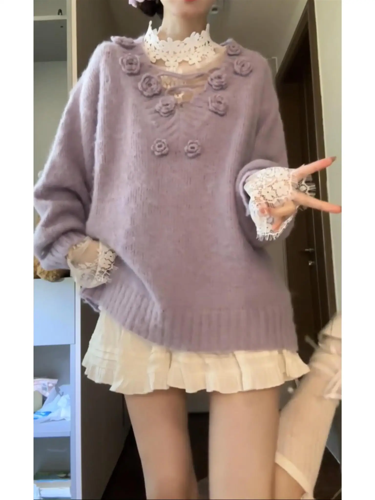 

Свободный женский свитер Cisas с v-образным вырезом и 3D цветочным дизайном, осень-зима, нежный топ фиолетового цвета