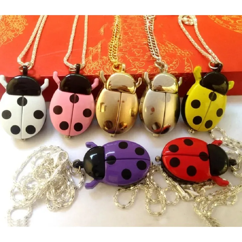Cute New Fashion Small Golden Beetle Pocket Watchs With Chain Lightweight Necklace Pendant Clock Adult Children Ladybug Watch