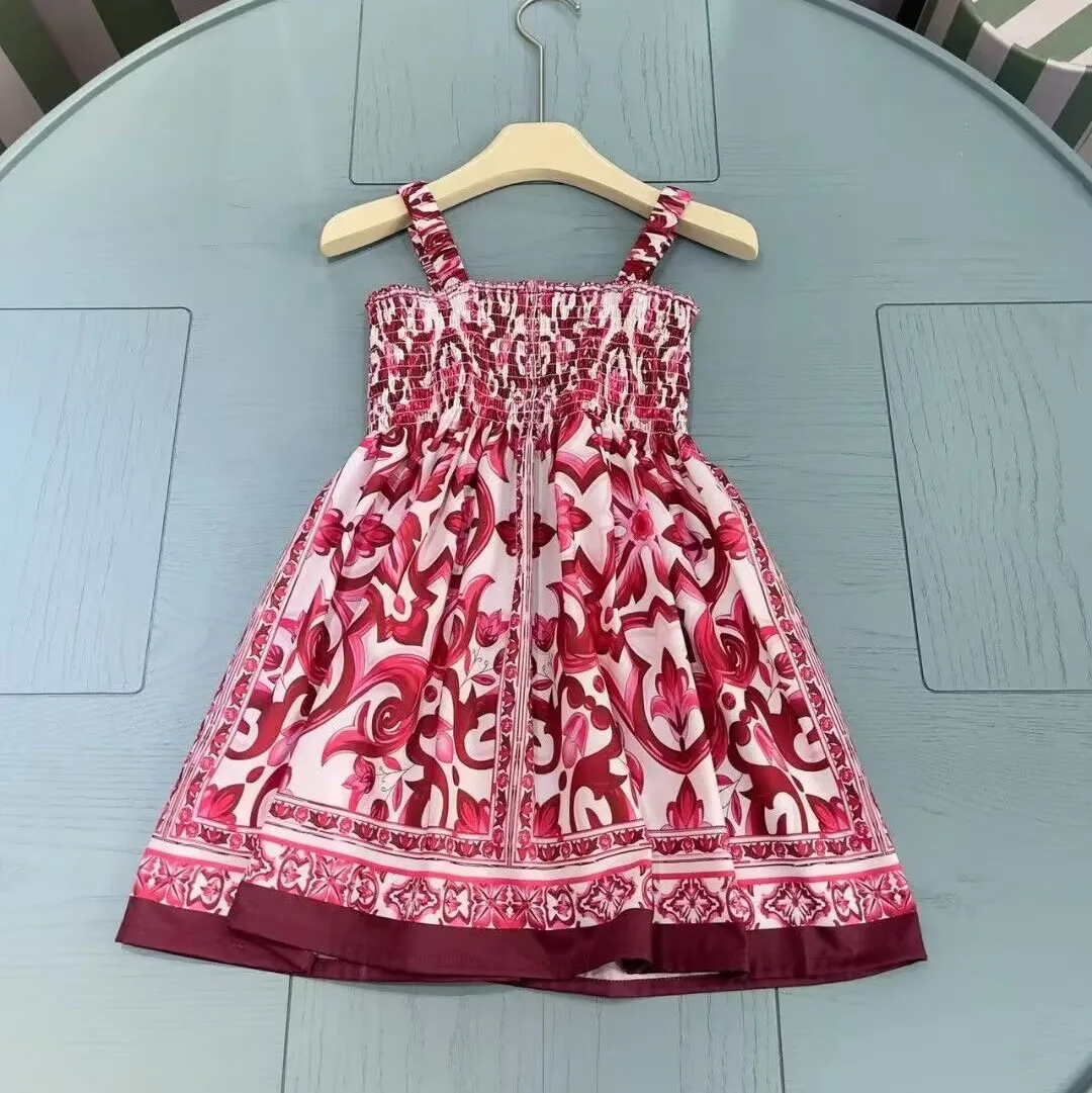 

New Pink sling girl dress Green Lemon Cherry pinted Dress Strap beach dress 2024 Summer 2-15y