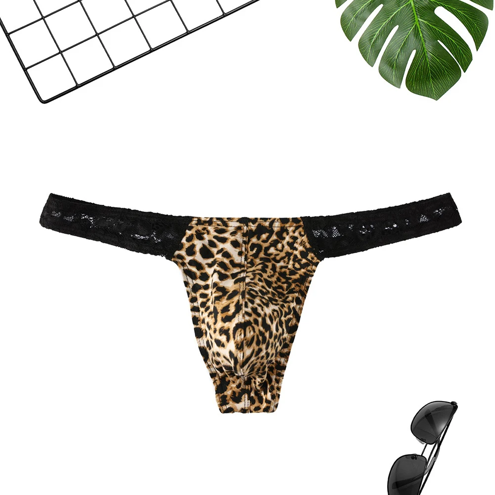 Tangas de leopardo sexy de renda masculina, roupa íntima de cintura baixa, calcinha oca com fio dental, leve e fina cueca com costas em T