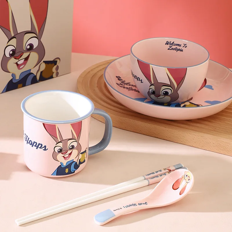 Kawaii Disney Zootopia Anime Hobby Judy Hopps Nick Wilde Cartoon Ceramic Mug Breakfast Bowl Snack Plate Spoon