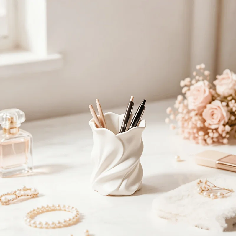 Twisty Wavy Petal Plastic Pen Holder, Cream Style Desktop Ornament, Student Office Makeup Brush Organizer, High-V Small Vase