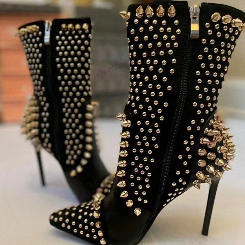 

Black Rivet Decor Ankle Boots Pointed Toe Shoes for Women Stilettos High Heels Side Zipper Luxury Shoes 2025 Zapatos Para Mujere