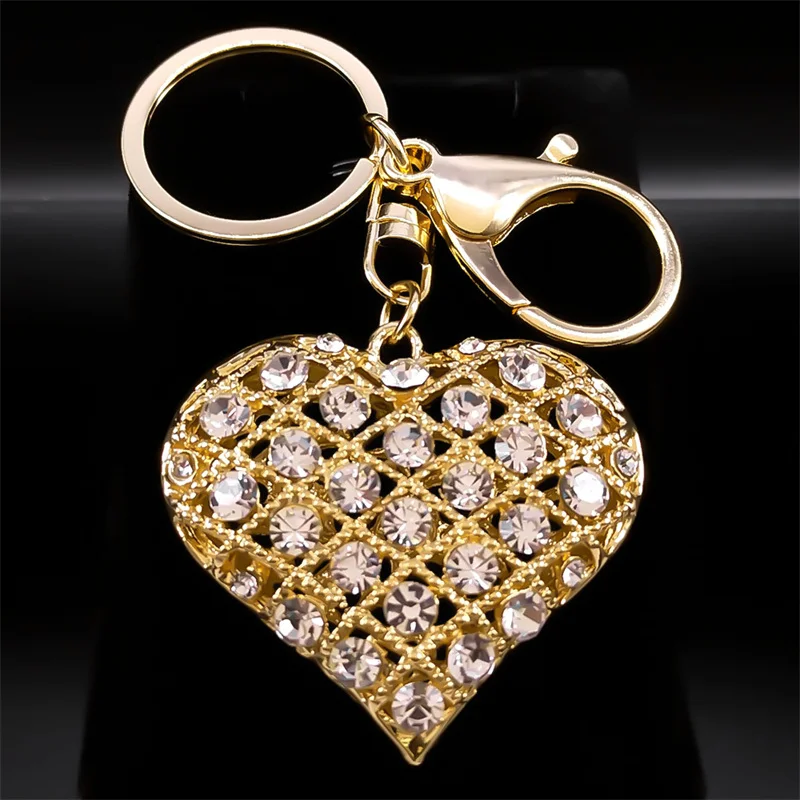 Full Shiny Rhinestone Heart Key Chain for Women Gold Color Crystal Keychain Bag Car Pendant Accessories Jewelry Gifts K5256S04