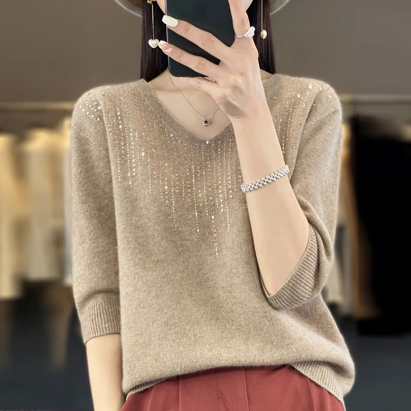 First-line ready-to-wear spring and summer new fashion exquisite diamond-encrusted V-neck 100% pure wool sleeve top woman