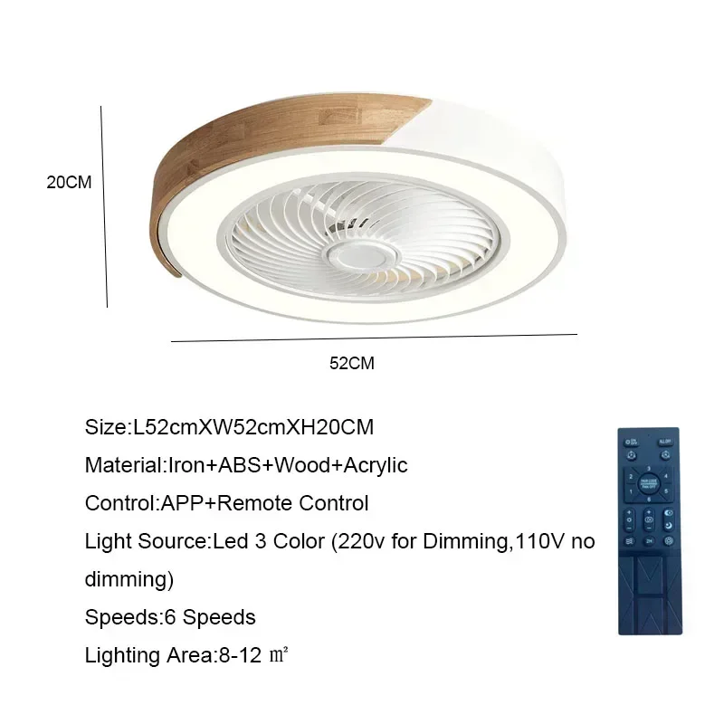 Imagem -05 - Ventiladores de Teto Nordic Smart com Luz Reversível Sala de Estar Lâminas de Jantar Velocidades 52cm Iluminação 36w Piso Baixo Lâmpada