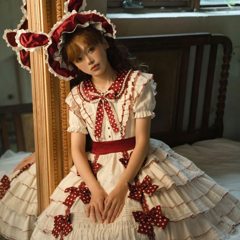 2025 novo verão japonês bonito lapela arco cintura fina pequena mosca mangas em camadas vestido fofo para mulher