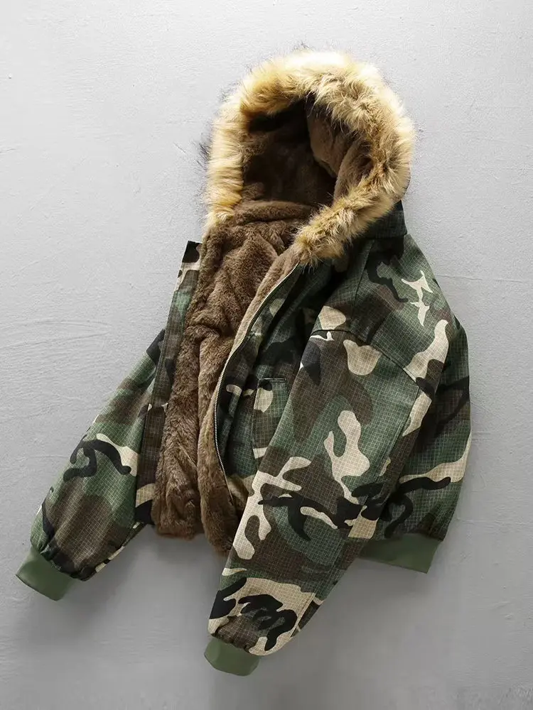Men Reversible Winter Parka Jacket Imitation Rabbit Fur Lined Hooded Coat Faux Fox Fur Trim Camouflage Double Sided Warm Male Ou