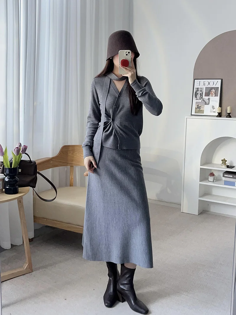 

Elegant Autumn Winter Knitted Woolen Asymmetric Open Cardigan Skirt for Women Long Sleeve V-Neck Regular Length Button Detail