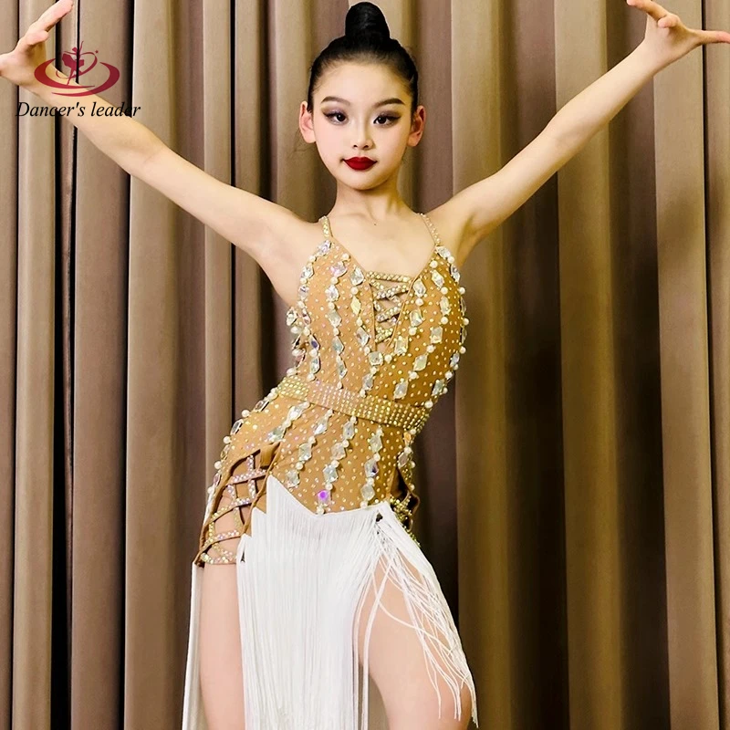 ラテンダンスダイヤモンド女性のプロフェッショナルフラワードレススプライシングタッセルスカートサンバ子供女の子パフォーマンスドレス