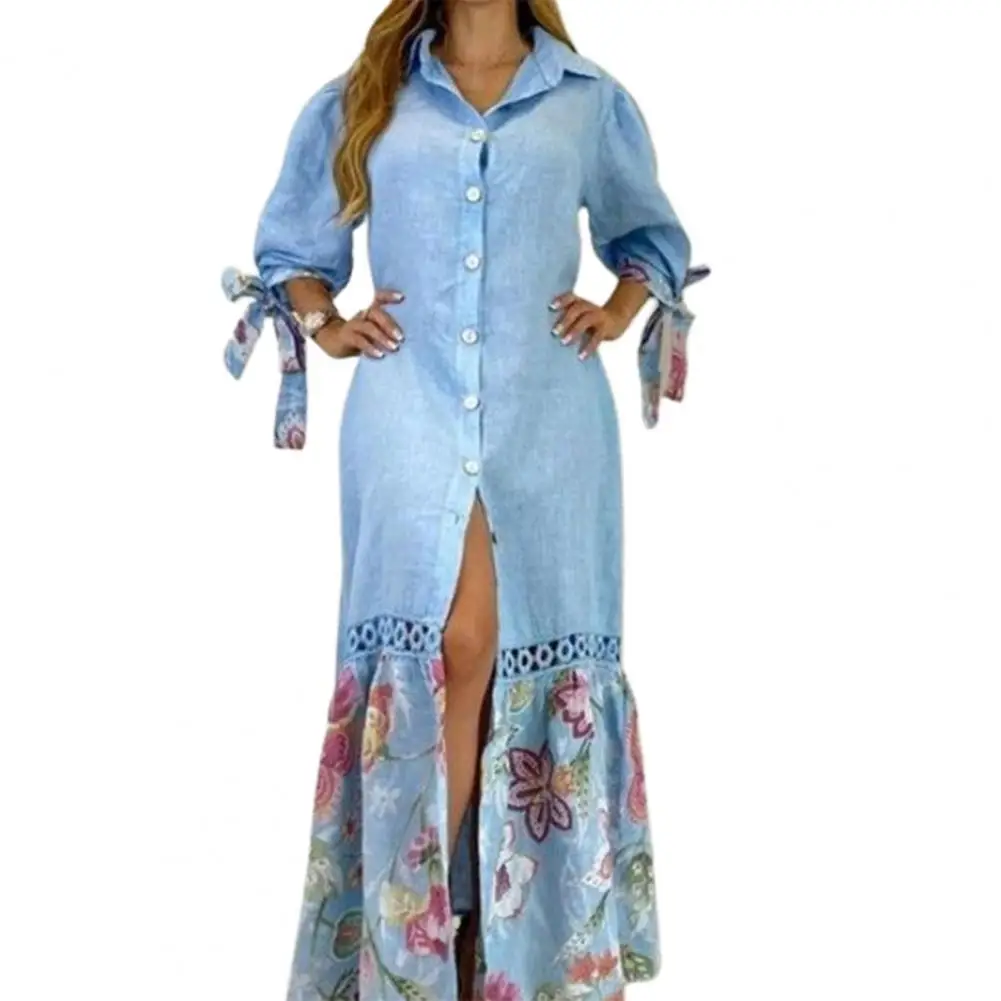 

Elegant Women Lapel Neck Loose Long Dress Summer Casual Lace Patchwork Print Shirts Maxi Dress Single Breasted Beach Party Dress