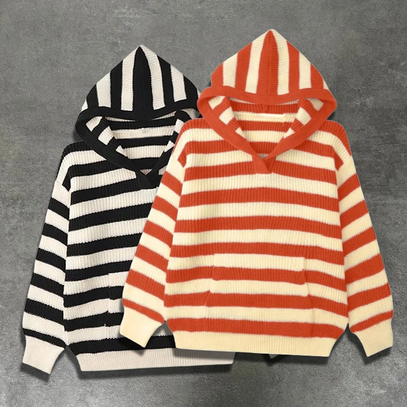 

Женский корейский INS удобный повседневный полосатый пуловер с капюшоном и свободными карманами, топ с длинными рукавами