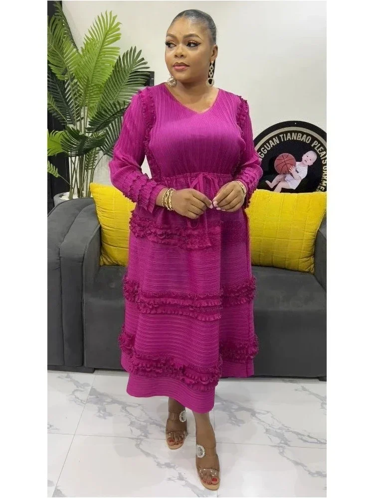 Vestido plisado elegante para mujer, cuello redondo, manga larga Floral 3D, diseño empalmado de hongos, vestidos acampanados, moda de fiesta, nuevo 2025