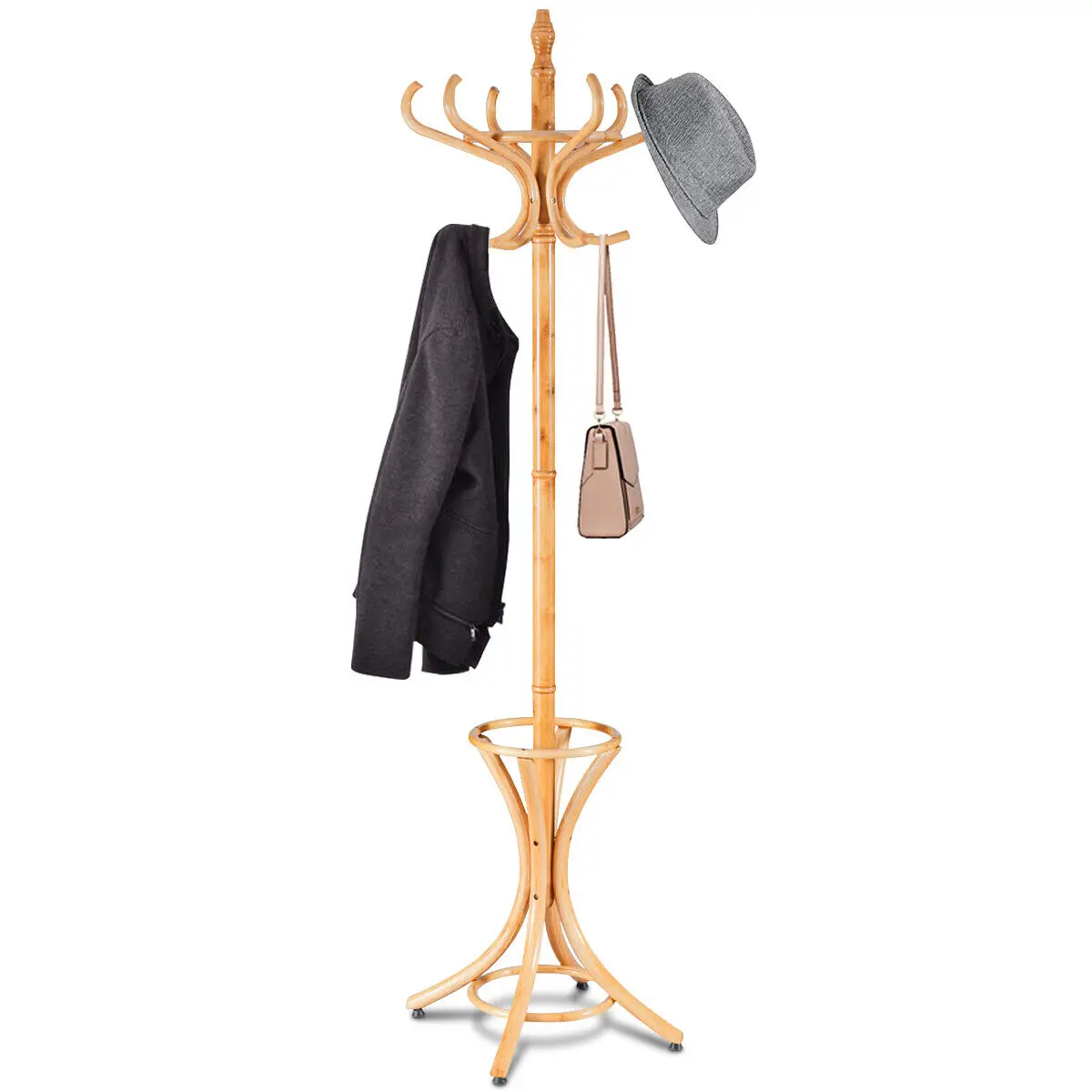 

Wood Standing Hat Coat Rack Jacket Bag Hanger Tree 12 Hooks Umbrella Stand