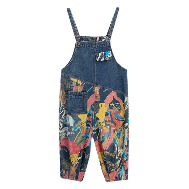 Streetwear Patchwork Printing Denim Jumpsuits Women Loose Wide Leg Dungarees Baggy Pants Rompers Spring Summer Jeans Overalls