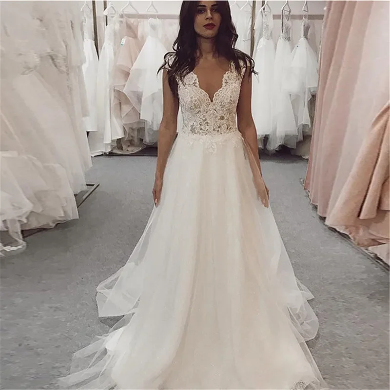

MYYBLE V Neck 2021 Wedding Dresses Lace Appliques Tulle Wedding Gowns Vestido de Noiva Longo Custom Made Sweep Train Ball Dress