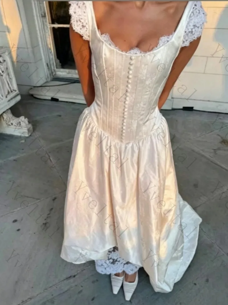 Customized Elegant Temperament Scoop Collar Sleeveless Draped Sweep Train Satin with Lace Wedding Dresses Enchanting Bridal Gown