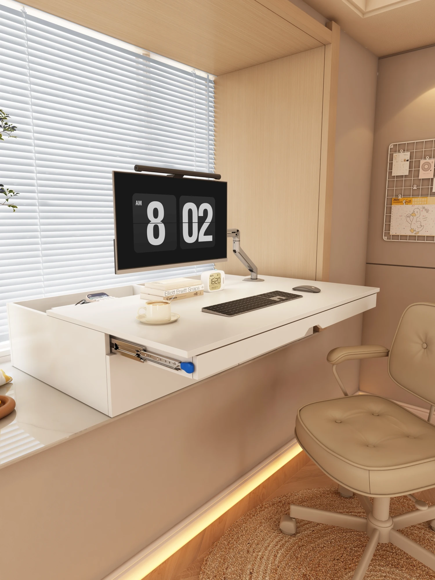 Reconstruction of retractable desk on the floating window of bedroom; desk and cabinet integrated computer desk pull-out table