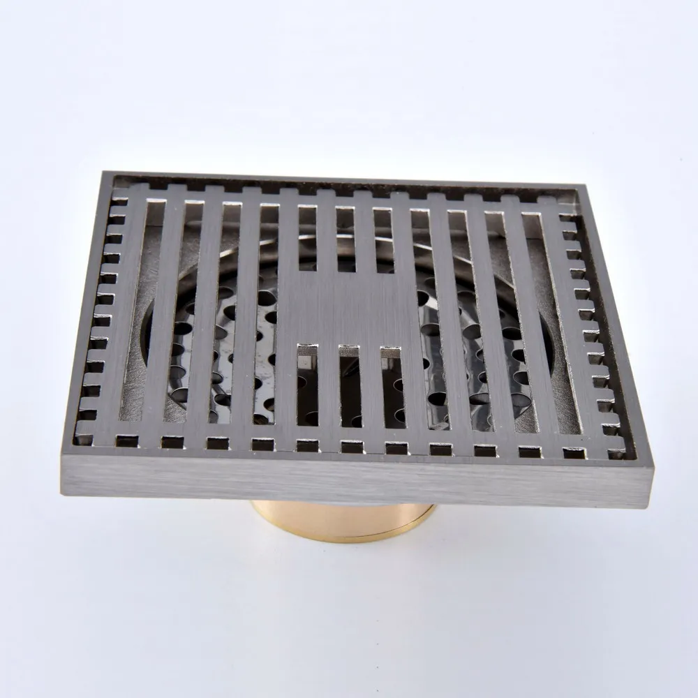 Brushed Nickel Brass Carved Flower Pattern Bathroom Shower Drain 4" Square Floor Drain Waste Grates ahr069