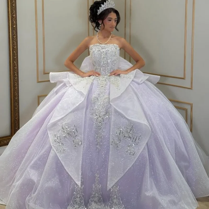

Shiny lavender Quinceanera Dress Sequins Decal off-shoulder Long tail Lace Bow Vestidos De 15 Quinceanera ﻿Customize
