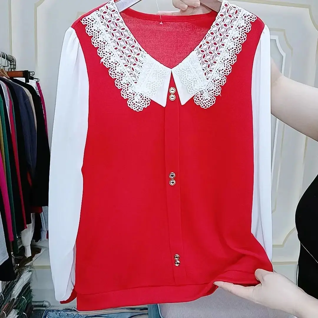 New Lace Doll Neck Bottoming Shirt Women Summer Autumn Loose Slim Mesh Red Blouse Long Sleeve Top M-5XL