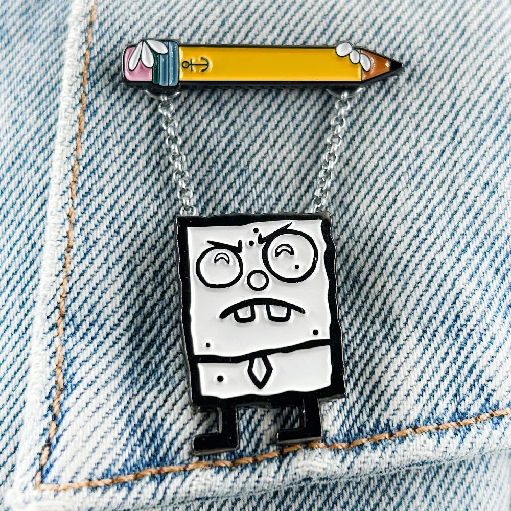 DoodleBob Pencil Badge Cute Cartoon Anime Character Enamel Pin Funny Graffiti Brooch Creative Novelty Gift