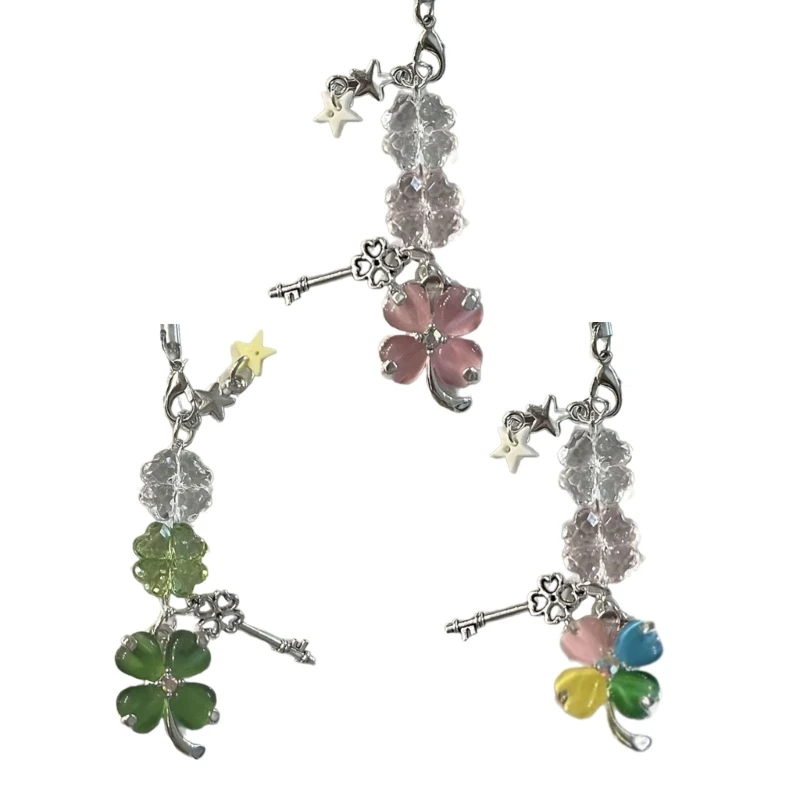 Four Leaf Clovers Phone Charm Keychain Beaded Keyring Bag Charm Key Pendant