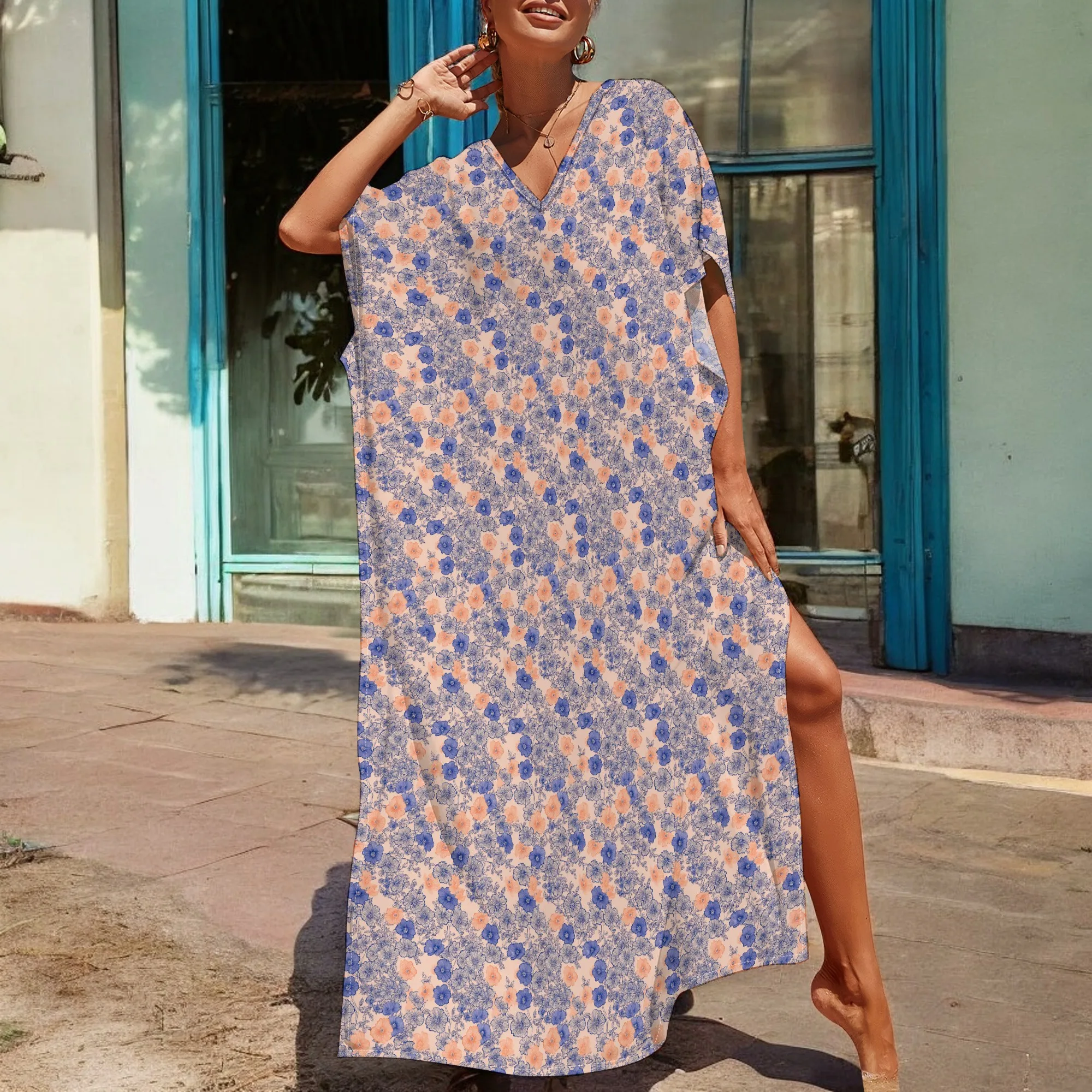 

Vintage Floral Kaftan Dress Blue Orange Micro Print S-3XL Loose Fit African American Women Spring Summer Casual Wear