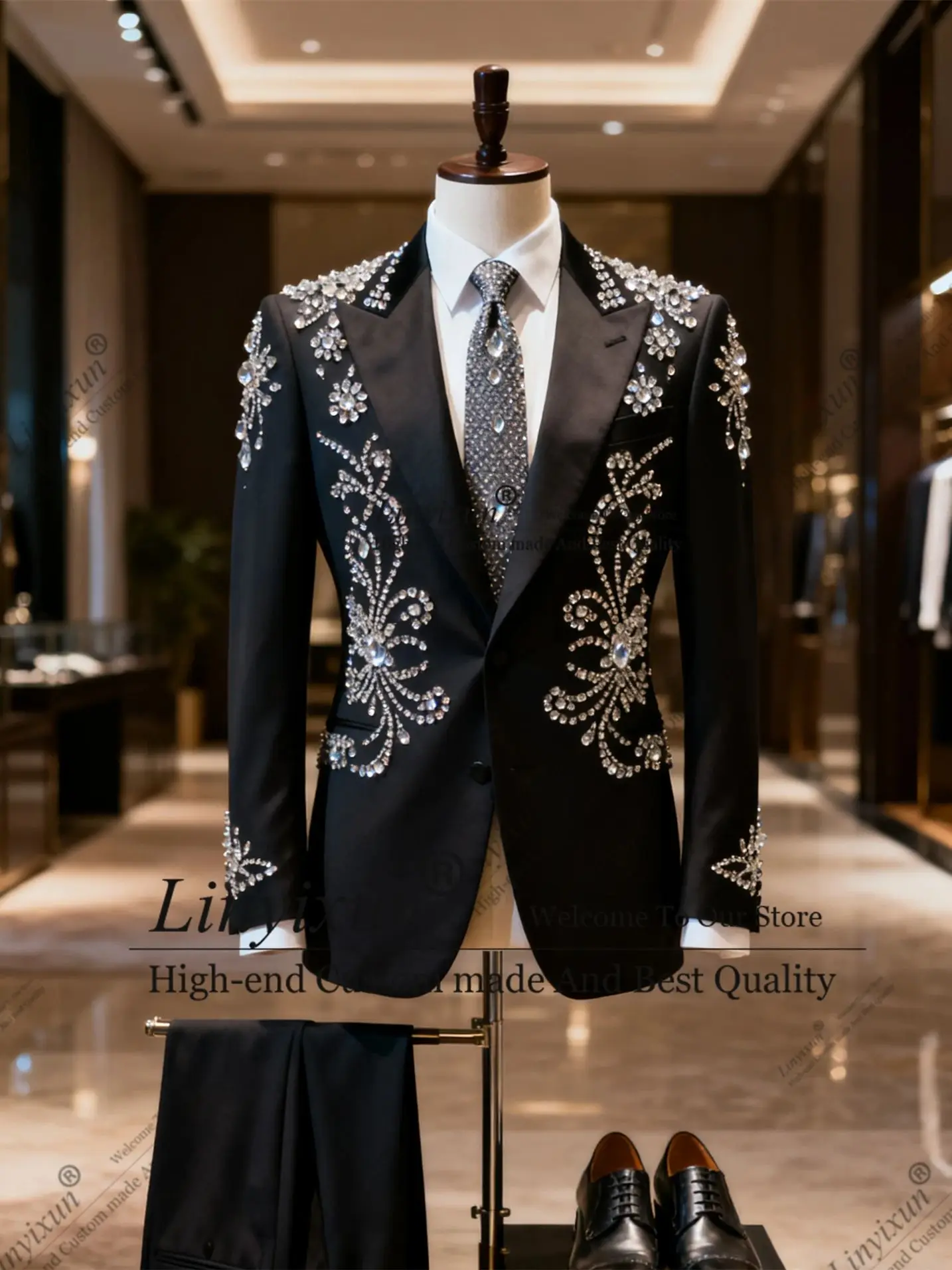 

Shiny Metal Embellished Men Suits 2 Pieces Sets Male Party Prom Blazers Customized Groom Peaked Lapel Tuxedos Slim Ropa Hombre